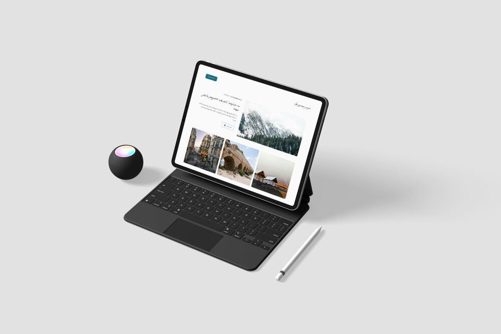 סט-אפ מקצועי של טאבלט מציג את אלמנטים אינטראקטיביים של אתר חדשני.